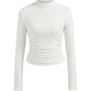 CIDER Mock Neck Tops for Women Thermal Shirts Long Sleeve Ruched Going Out Tops Basic Tee Slim Fit Fall Top(White)