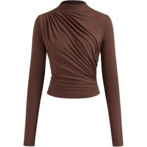 CIDER Mock Neck Tops for Women Trendy Ruched Long Sleeve Shirts Solid Basic Tee Slim Fit Fall Tops(Brown)