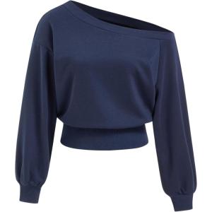 CIDER Off Shoulder Sweatshirt for Women Basic Casual Long Sleeve Pullover Fall Fashion(Navy Blue)