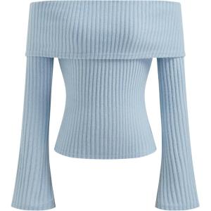 CIDER Off The Shoulder Tops for Women Long Sleeve Going Out Y2K Tops Knit Pullover Fall Outfits Trendy 2025(Baby Blue)
