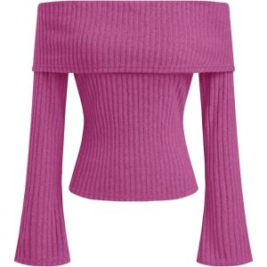 CIDER Off The Shoulder Tops for Women Long Sleeve Going Out Y2K Tops Knit Pullover Fall Outfits Trendy 2025(Fuchsia)