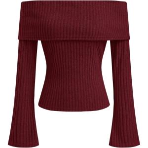 CIDER Off The Shoulder Tops for Women Long Sleeve Going Out Y2K Tops Knit Pullover Fall Outfits Trendy 2025(Red)