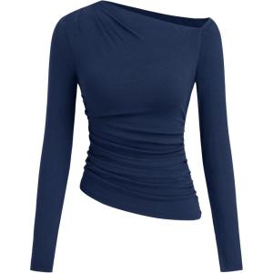 CIDER Off The Shoulder Tops for Women Long Sleeve Shirts Asymmetrical Neck Ruched Going Out Tops Y2K Slim Fit Fall Top(Navy Blue)