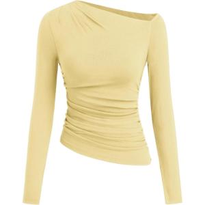 CIDER Off The Shoulder Tops for Women Long Sleeve Shirts Asymmetrical Neck Ruched Going Out Tops Y2K Slim Fit Fall Top(Yellow)