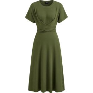 CIDER Ruched Elegant Dresses Wrap Front Midi Casual Short Sleeve Dress(Olive Green)