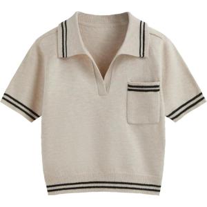 CIDER Short Sleeve Sweater Knit Top Collar Neck Stripe Pullover Casual Elegant Women’s Collared Sweaters(Cream)