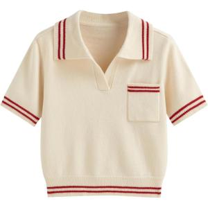 CIDER Short Sleeve Sweater Knit Top Collar Neck Stripe Pullover Casual Elegant Women’s Collared Sweaters(Red)