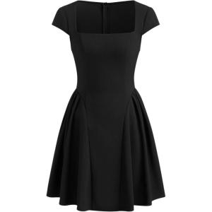 CIDER Square Neck Ribbed Bodycon for Women Mini Elegant Short Sleeve Dress(Black)