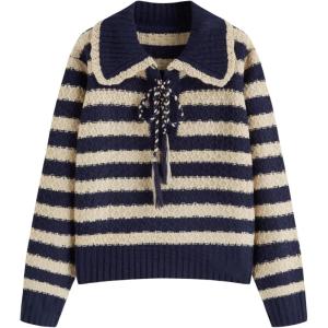 CIDER Striped Sweaters for Women Collar Knit Long Sleeve Knotted Loose Fit Pullover Winter Sweater Fall Tops(Dark Navy)