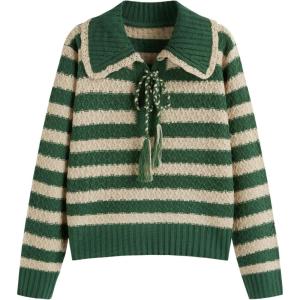 CIDER Striped Sweaters for Women Collar Knit Long Sleeve Knotted Loose Fit Pullover Winter Sweater Fall Tops(Green)