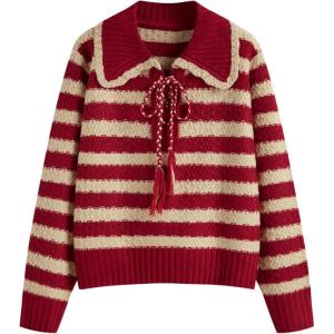 CIDER Striped Sweaters for Women Collar Knit Long Sleeve Knotted Loose Fit Pullover Winter Sweater Fall Tops(Red)