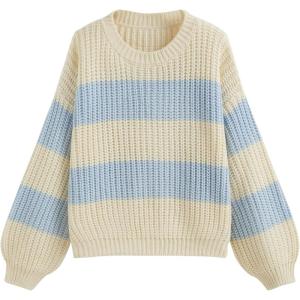 CIDER Striped Sweaters for Women Cute Long Sleeve Crew Neck Knit Lightweight Pullover Sweater Tops Fall Outfits Trendy(Sky Blue)