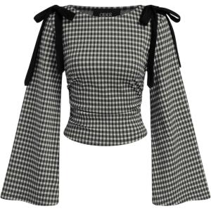 CIDER Tops Gingham Bowknot Ruched Long Sleeve Boat Neck Slim Fit Top(Black)