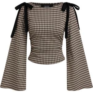 CIDER Tops Gingham Bowknot Ruched Long Sleeve Boat Neck Slim Fit Top(Coffee)