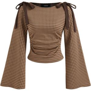 CIDER Tops Gingham Bowknot Ruched Long Sleeve Boat Neck Slim Fit Top(Tan)