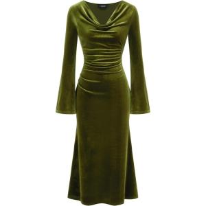 CIDER Velvet Dress Fall Wedding Guest Dresses for Women Long Belll Sleeve Cowl Neck Midi Cocktail Formal Dresses Trendy(Green)