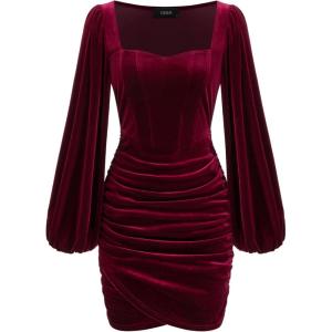 CIDER Velvet Mini Dresses Cocktail Long Lantern Sleeve Wedding Guest Dress Fall Fashion Bodycon Party Club Outfits(Wine)