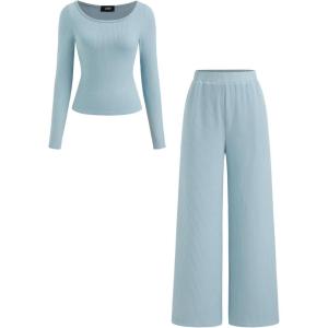 CIDER Women’s 2-Piece Sets Ribbed Knit Lounge Set Long Sleeve Top Wide Leg Pants Basic Casual Fall Fashion Outfit(Baby Blue)