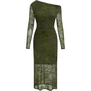 CIDER Womens Floral Mesh Maxi Dress Long Sleeve Fall Fashion Formal Bodycon Cocktail Vintage Wedding Guest Dresses(Dark Green)