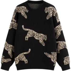 CIDER Womens Leopard Crew Neck Long Sleeve Boho Knit Sweater Casual Pullover Fall Sweater(Black)