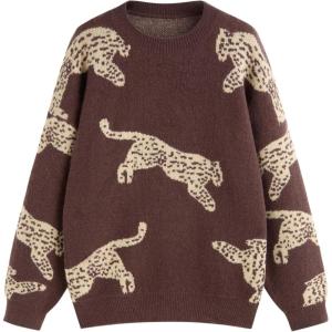 CIDER Womens Leopard Crew Neck Long Sleeve Boho Knit Sweater Casual Pullover Fall Sweater(Coffee)