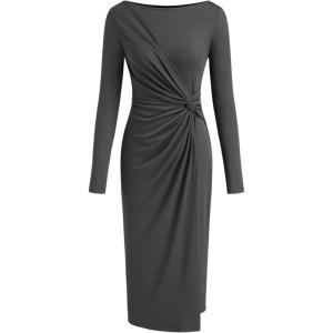 CIDER Women’s Long Sleeve Dress Boat Neck Twist Waist Bodycon Midi Dress Elegant Cocktail Party Trendy Fall Dresses(Grey)