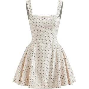 CIDER Womens Polka Dot Dress Summer Square Neck Sleeveless Mini Dress(White)