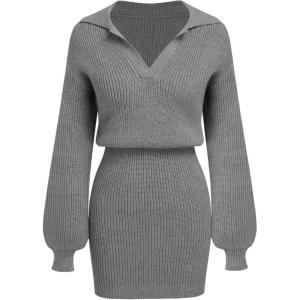 CIDER Womens Ribbed Knit Sweater Dress Long Sleeve V Neck Mini Cozy Dress Collared 2025 Fall Dresses(Grey)