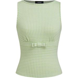 CIDER Women’s Sleeveless Tank Tops Gingham Cute Bow Summer Tops(Green)