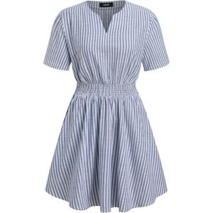 CIDER Womens Striped Dress Summer Casual Short Sleeve Mini Dress Elastic Waist(Sky Blue)