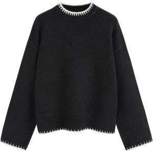 CIDER Womens Sweater Long Sleeve Split Hem Color Block Crew Neck Tops Fall Outfits(Black)