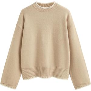 CIDER Womens Sweater Long Sleeve Split Hem Color Block Crew Neck Tops Fall Outfits(Khaki)