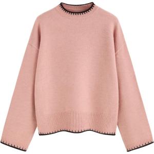 CIDER Womens Sweater Long Sleeve Split Hem Color Block Crew Neck Tops Fall Outfits(Pink)
