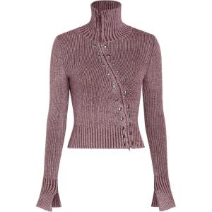 CIDER Zipper Cardigan Sweaters for Women Trendy Stand Collar Rivet Cardigans Split Long Sleeve Fall Winter(Burgundy)