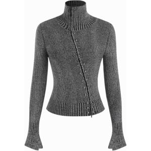 CIDER Zipper Cardigan Sweaters for Women Trendy Stand Collar Rivet Cardigans Split Long Sleeve Fall Winter(Grey)