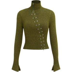 CIDER Zipper Cardigan Sweaters for Women Trendy Stand Collar Rivet Cardigans Split Long Sleeve Fall Winter(Olive Green)
