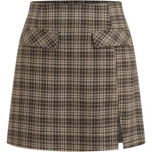 Cider Mini Skirt High Waist Zip Up Split Bodycon Fitted Party A Line Skirt(Plaid Brown)