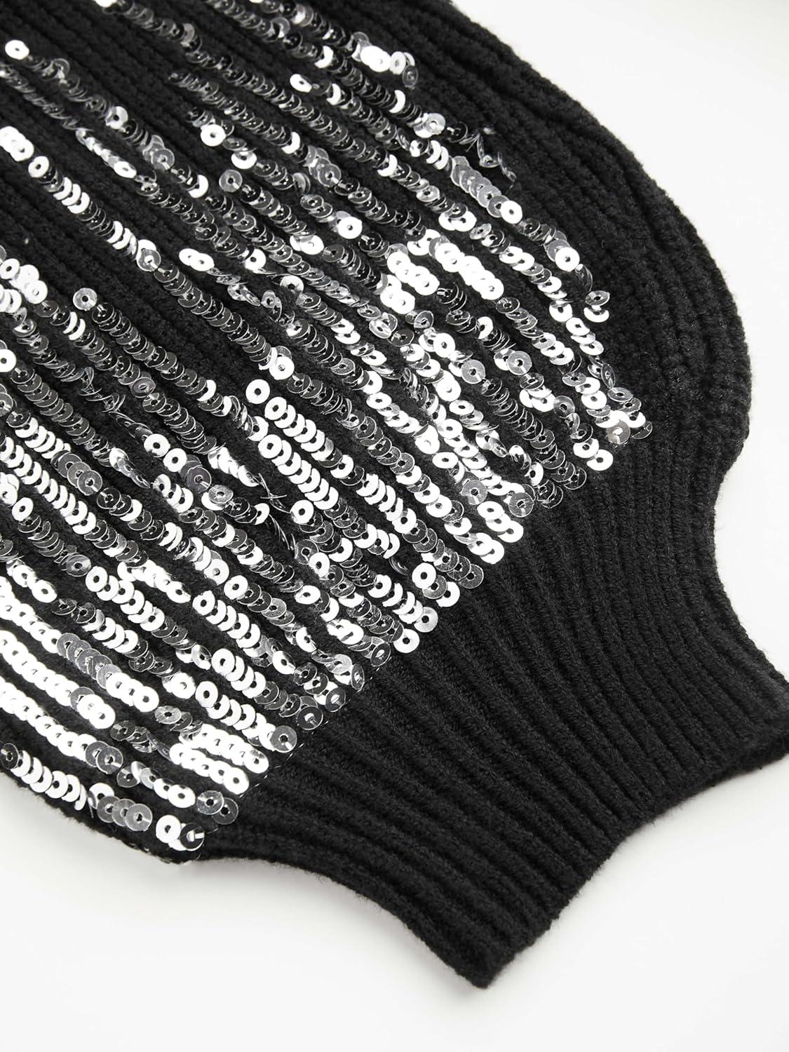 imageCIDER Sequins High Neck Lantern Sleeve Knitted DressBlack