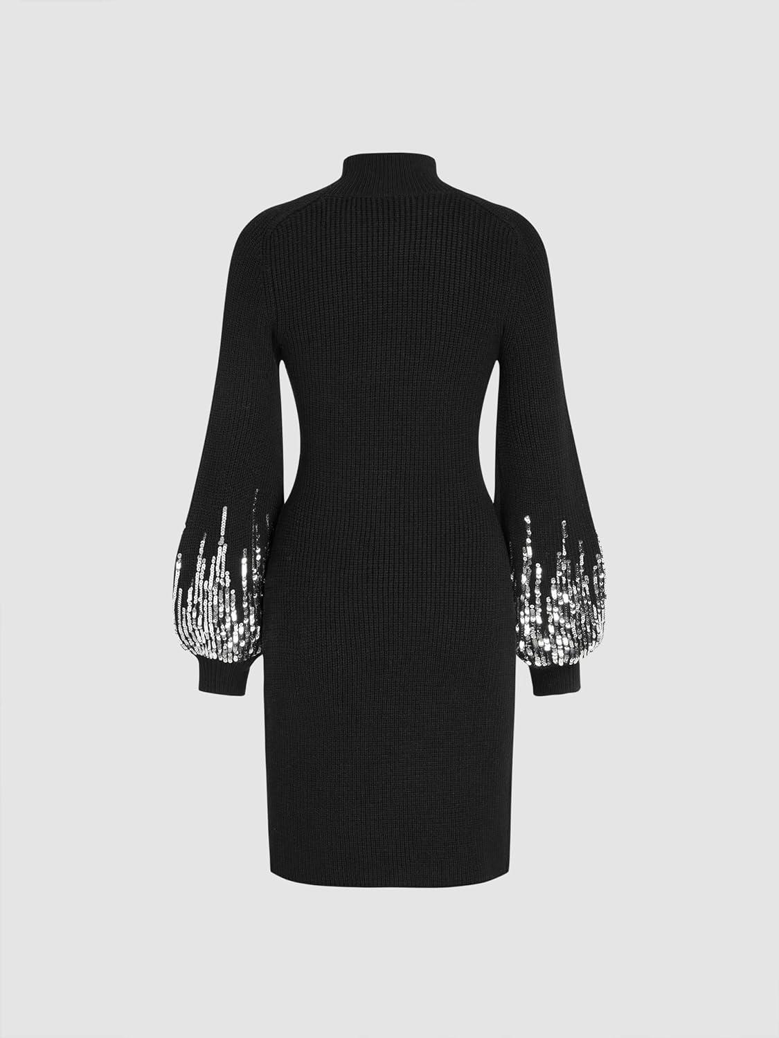 imageCIDER Sequins High Neck Lantern Sleeve Knitted DressBlack
