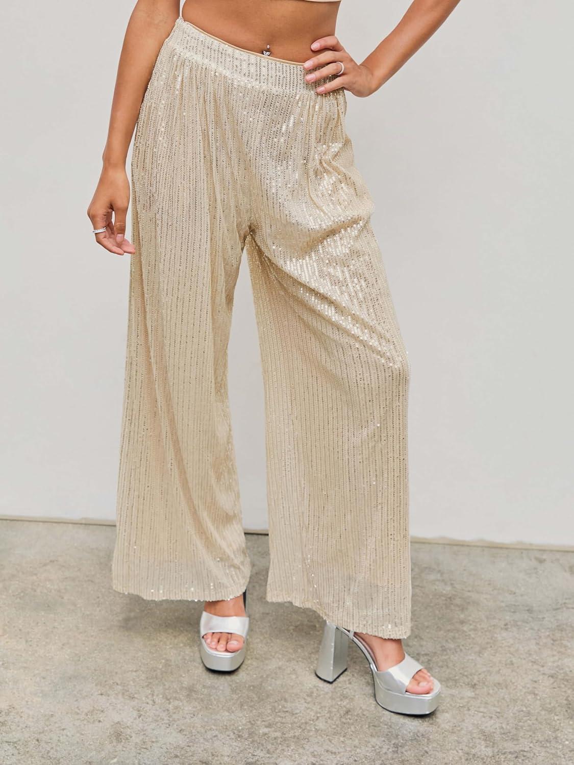 imageCIDER Sequins Mid Waist Straight Leg TrousersChampagne