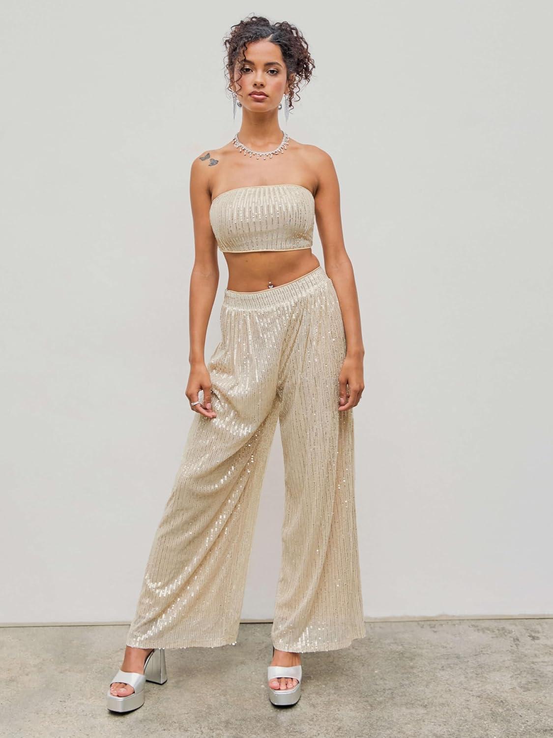 imageCIDER Sequins Mid Waist Straight Leg TrousersChampagne