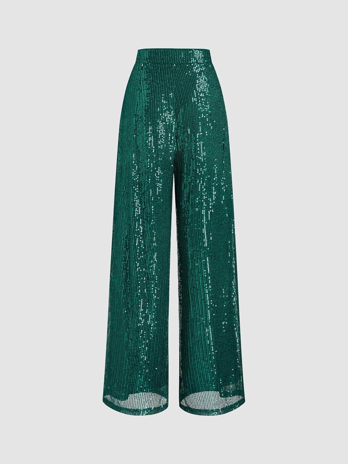 imageCIDER Sequins Mid Waist Straight Leg TrousersDark Green
