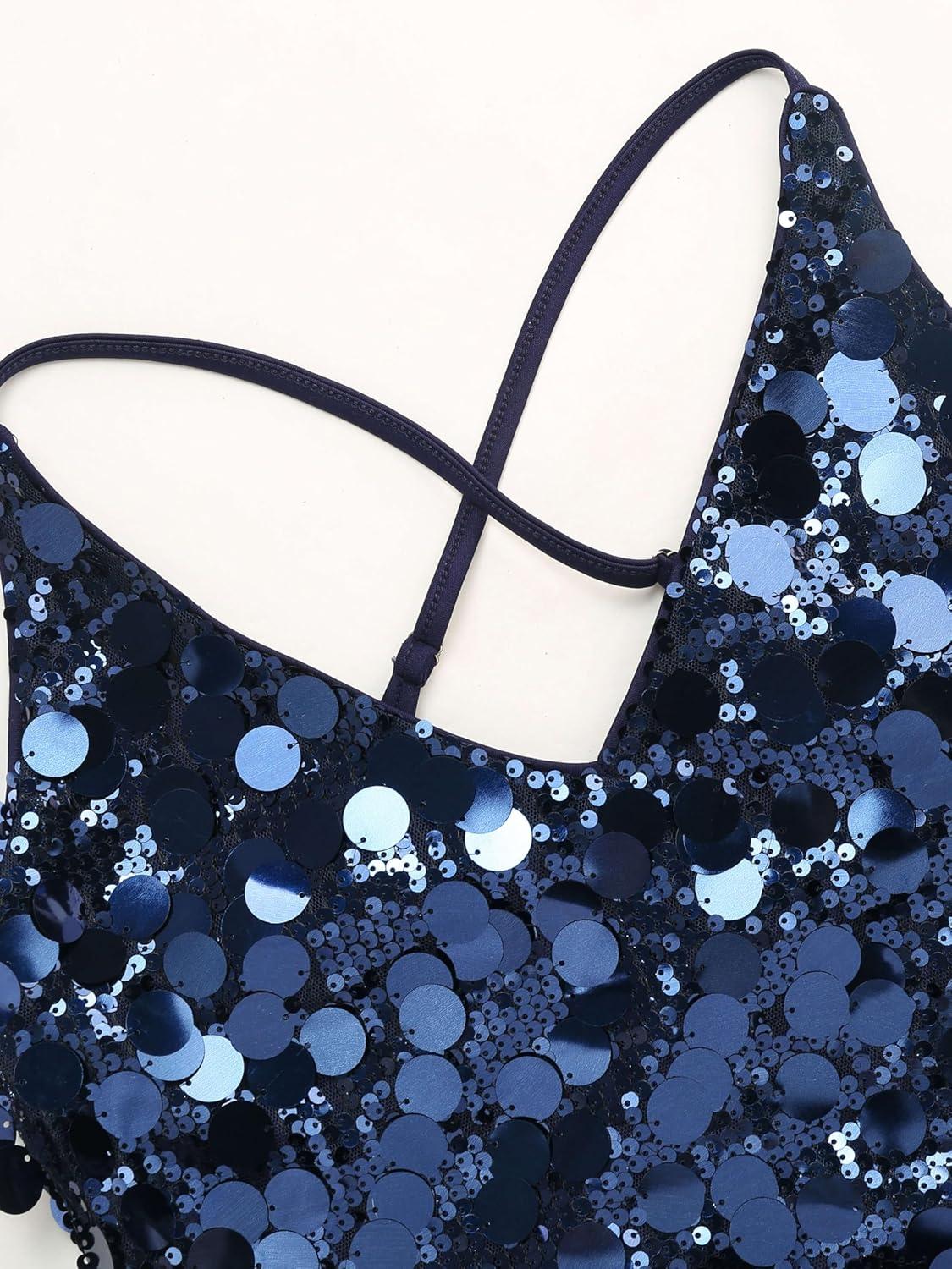 imageCIDER Sequins UNeckline Criss Cross Mini DressBlue