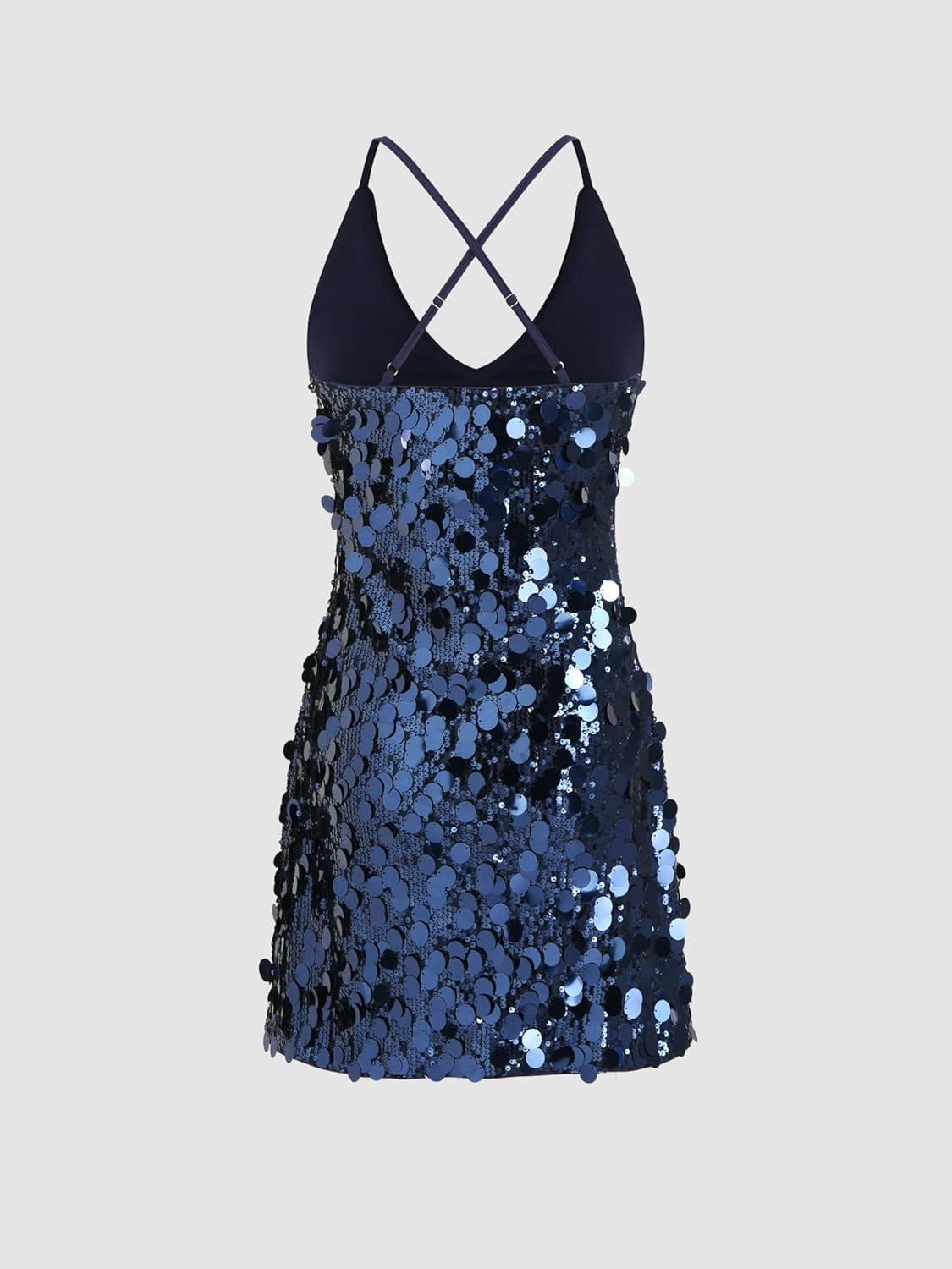 imageCIDER Sequins UNeckline Criss Cross Mini DressBlue