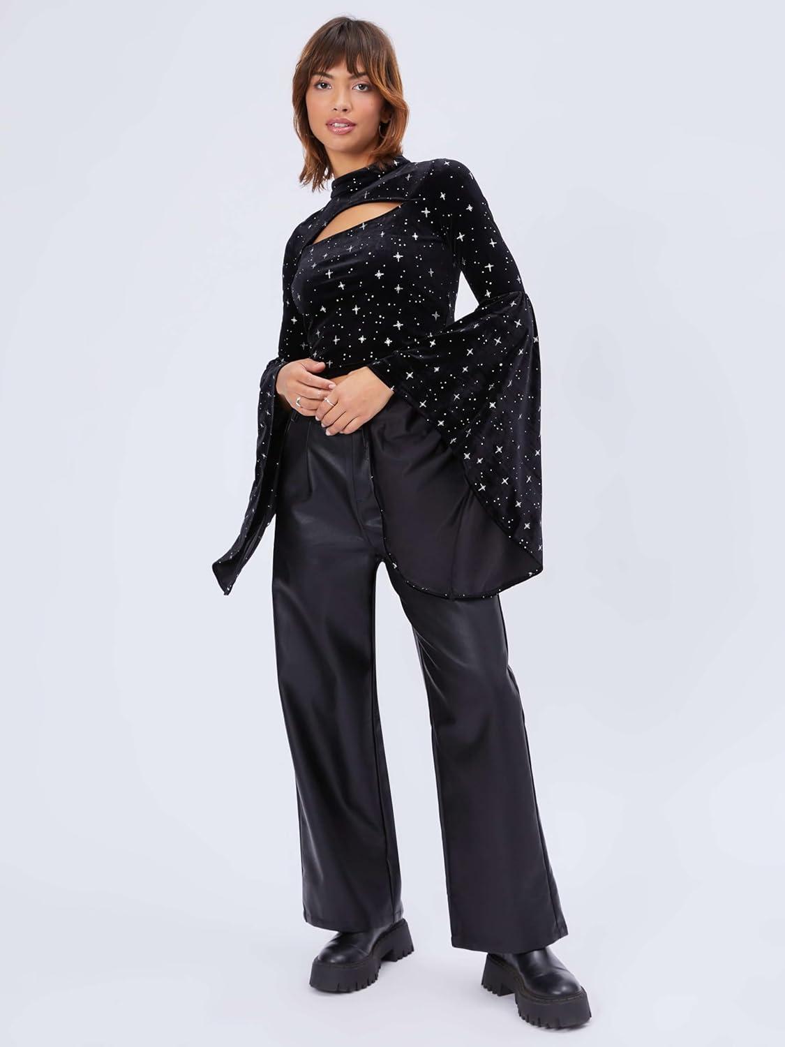 imageCIDER Velvet Star Pattern Bell Sleeve Crop TopBlack