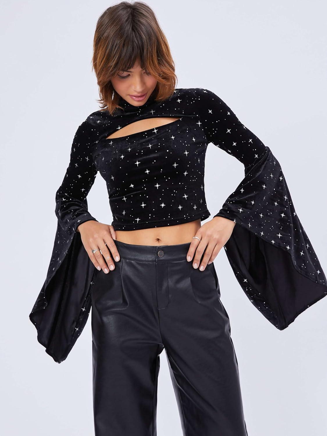 imageCIDER Velvet Star Pattern Bell Sleeve Crop TopBlack