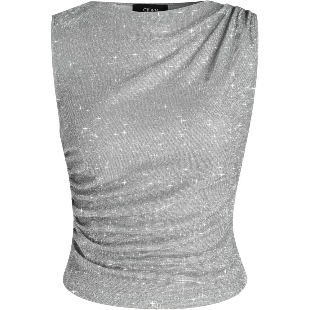 imageCIDER Round Neck Ruched Glitter Asymmetrical Tank TopSilver