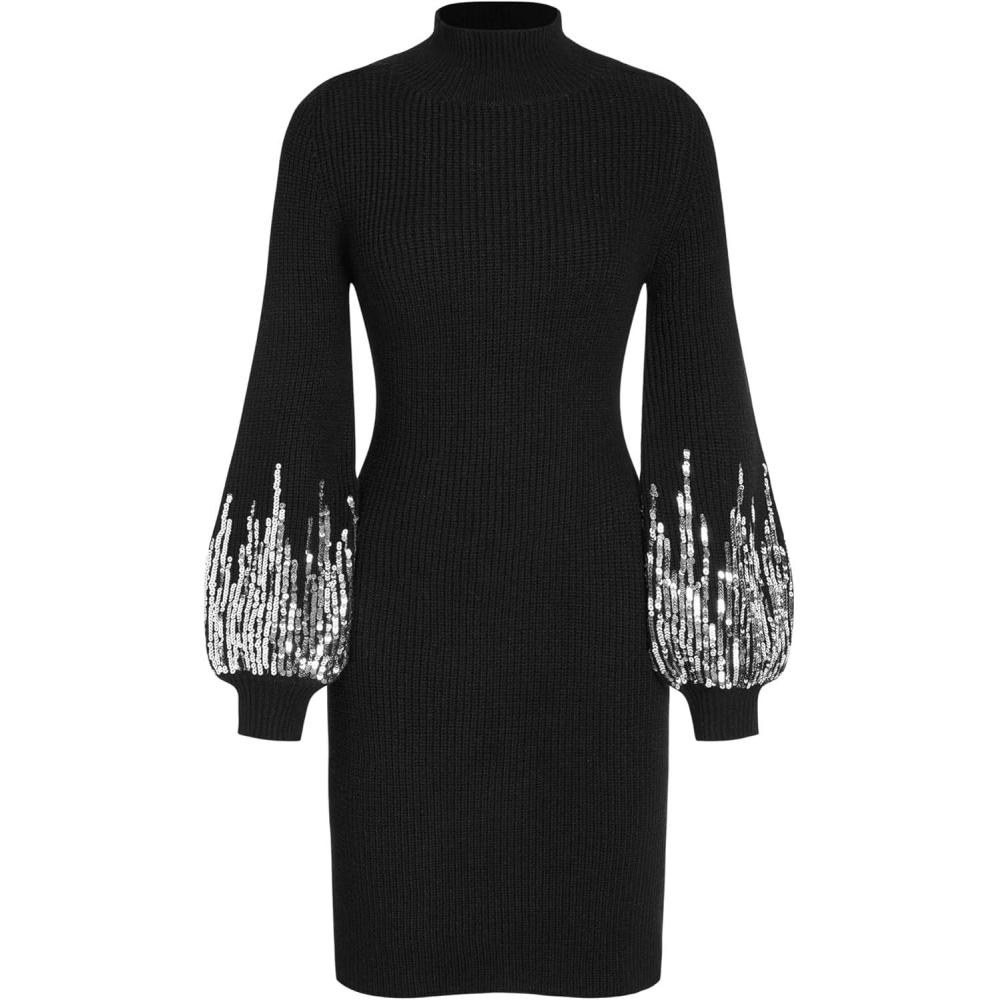 imageCIDER Sequins High Neck Lantern Sleeve Knitted DressBlack