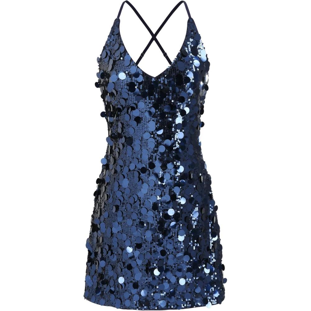 imageCIDER Sequins UNeckline Criss Cross Mini DressBlue