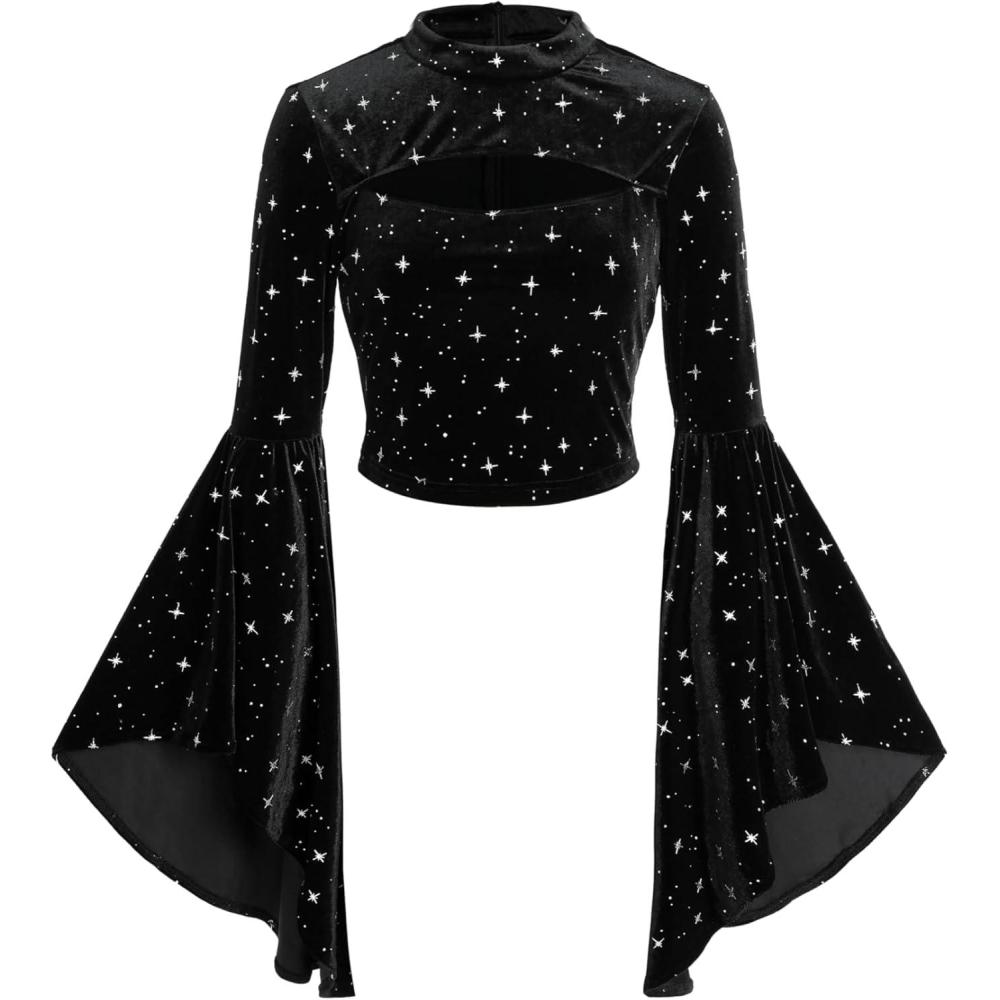 imageCIDER Velvet Star Pattern Bell Sleeve Crop TopBlack